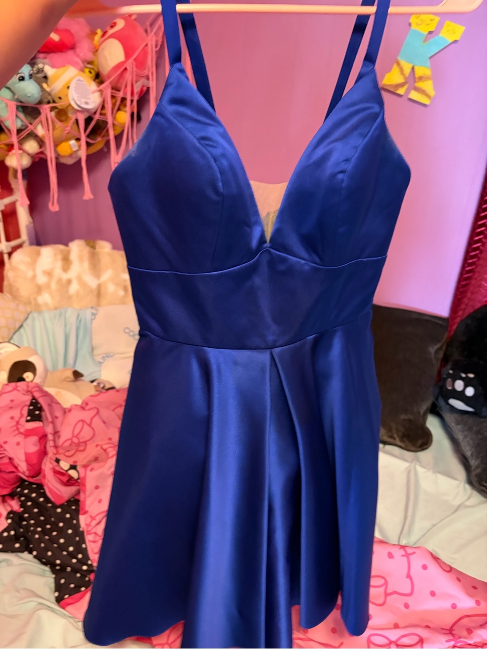 Royal Blue Satin Prom Dress with Plunging V-Neck